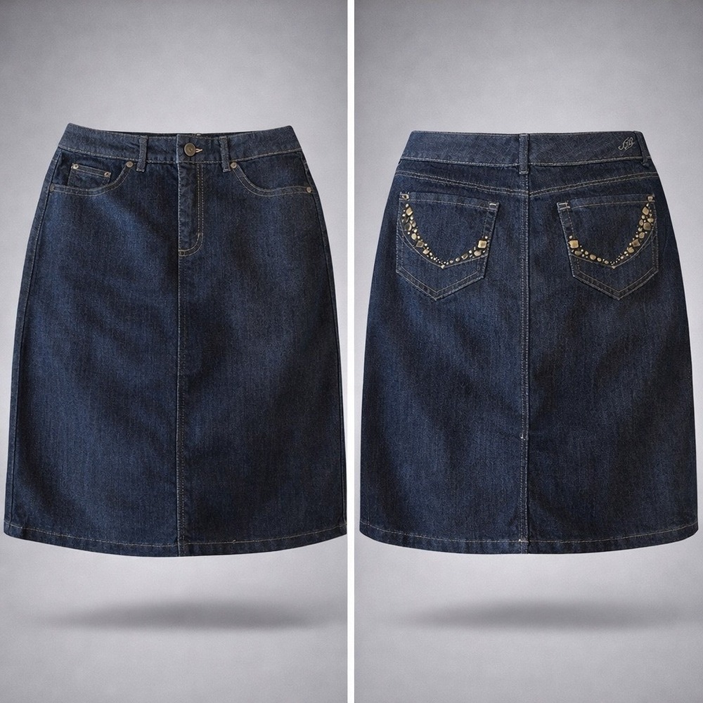 NWOT, Code Bleu Gwen Denim Pencil Skirt Dark Wash Studded Pockets Womens 12/30